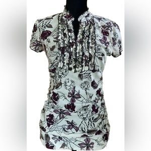 Maurices Tan Black Purple Floral Ruche Lined Shortsleeve Shirt Size Small